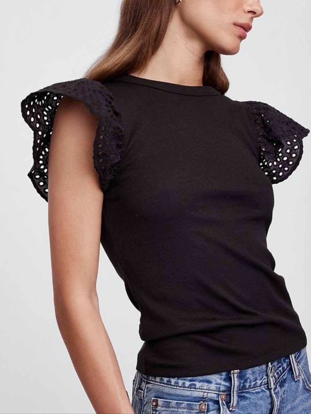 Karl Lagerfeld Black Eyelet Flutter Sleeve Top